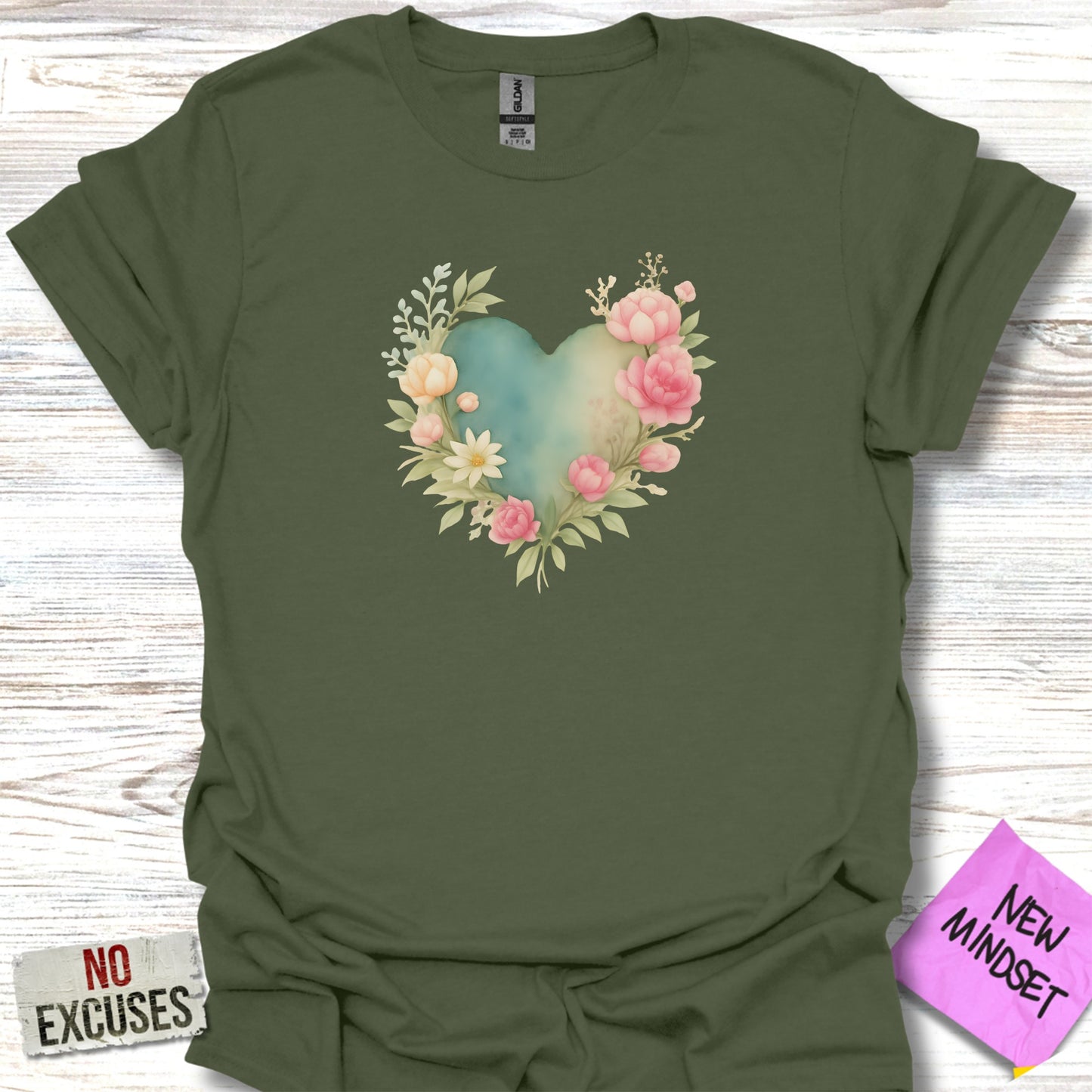 Heart Shaped Floral Design Green T-Shirt product type