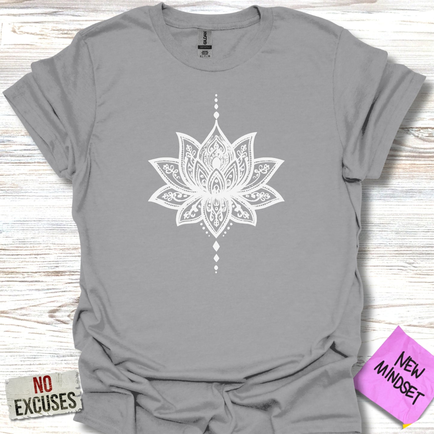 Intricate White Lotus Design Grey Tee Shirt product