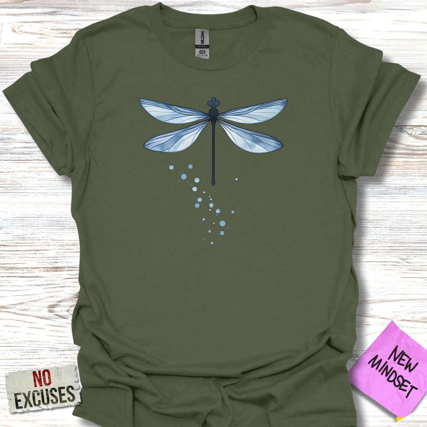 Dragonfly Illustration on Olive Green T-shirt product type