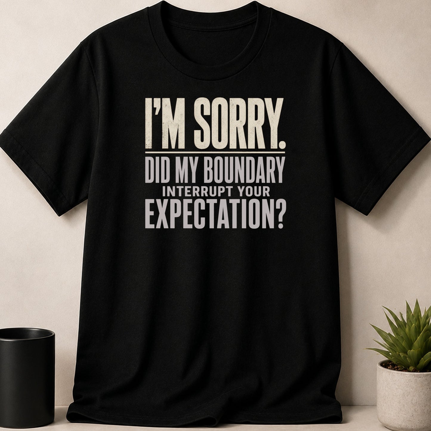 Black t-shirt with text "I'M SORRY. DID MY BOUNDARY INTERRUPT YOUR EXPECTATION?"