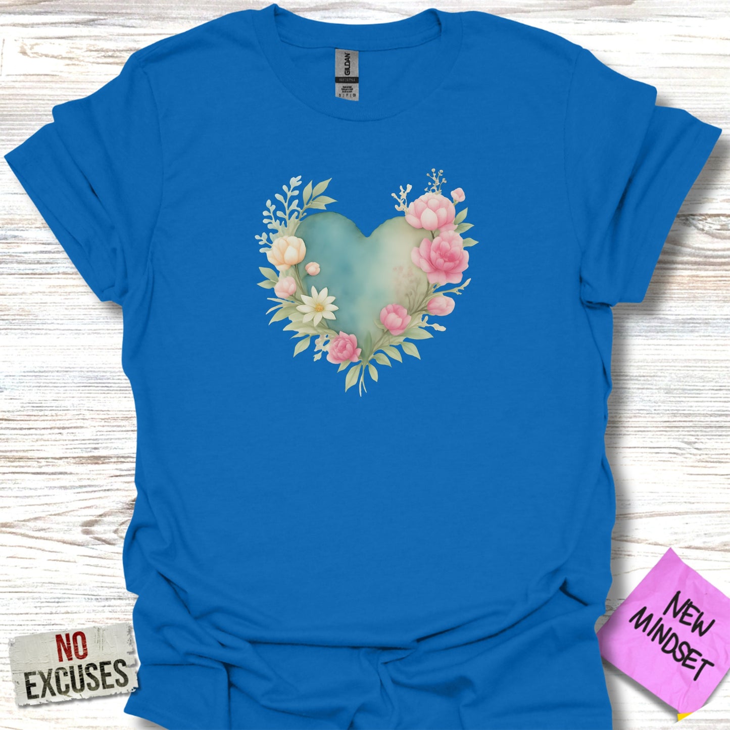Floral Heart Design on Blue Casual T-shirt product type