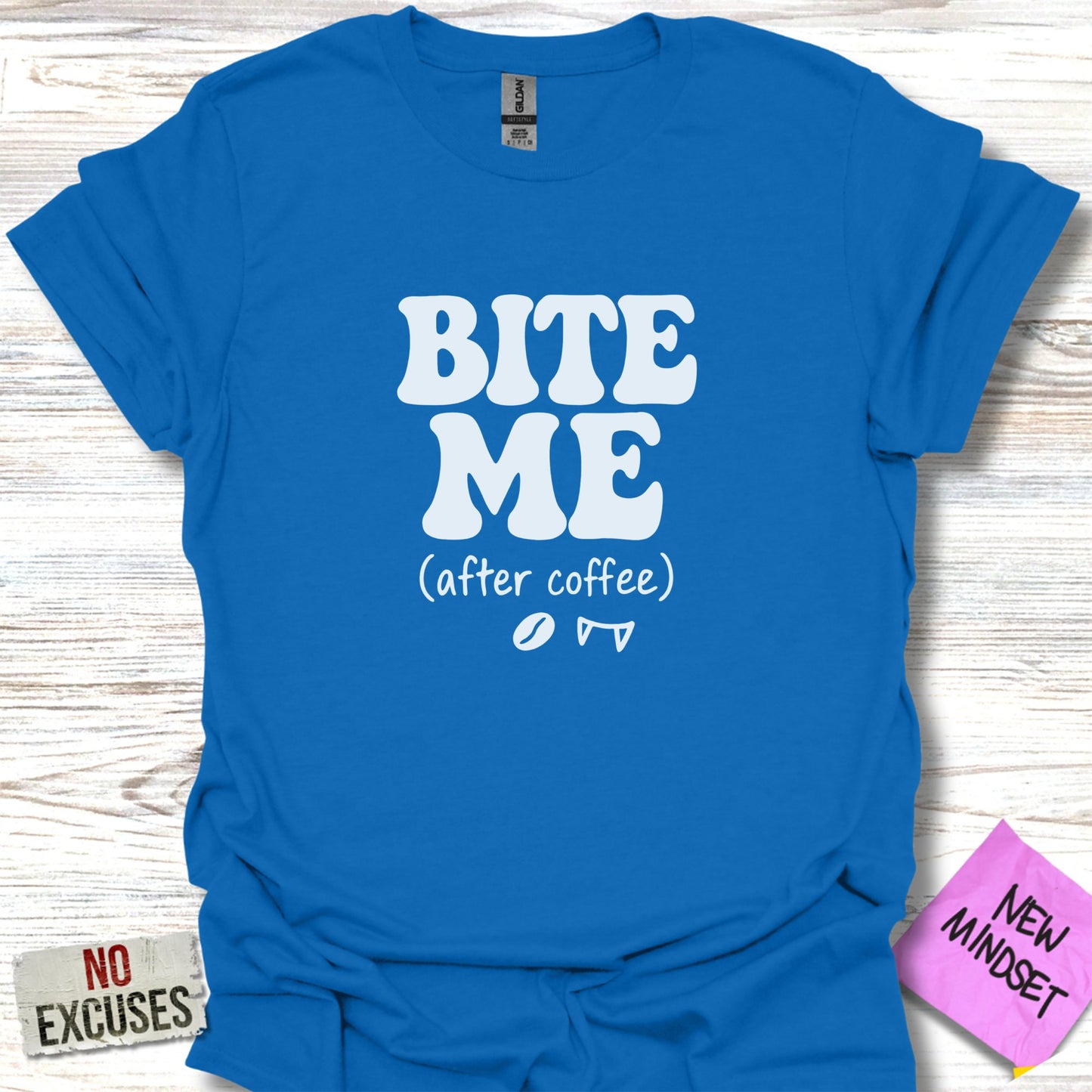 Bite Me After Coffee Fun Blue Graphic T-Shirt product