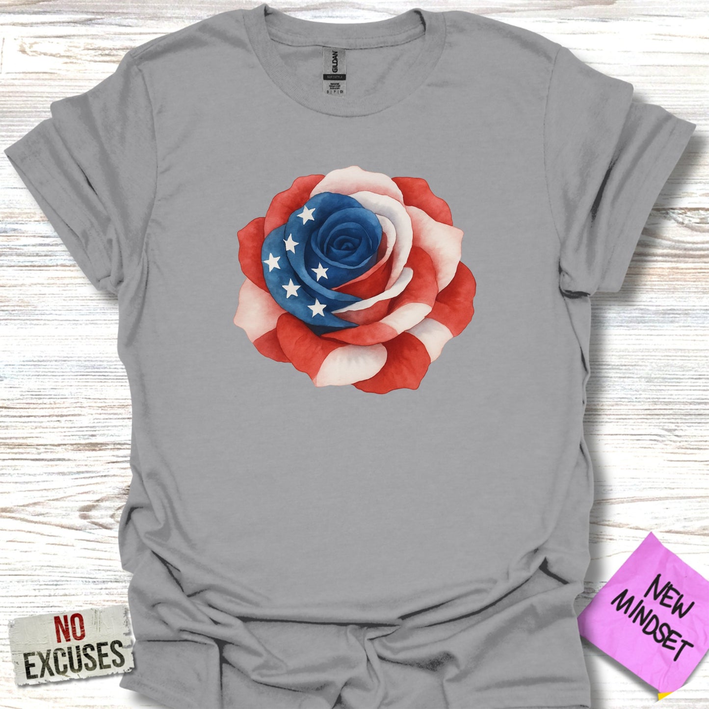 Patriotic Rose Design on Gray Shirt Fashionable T-Shirt product type