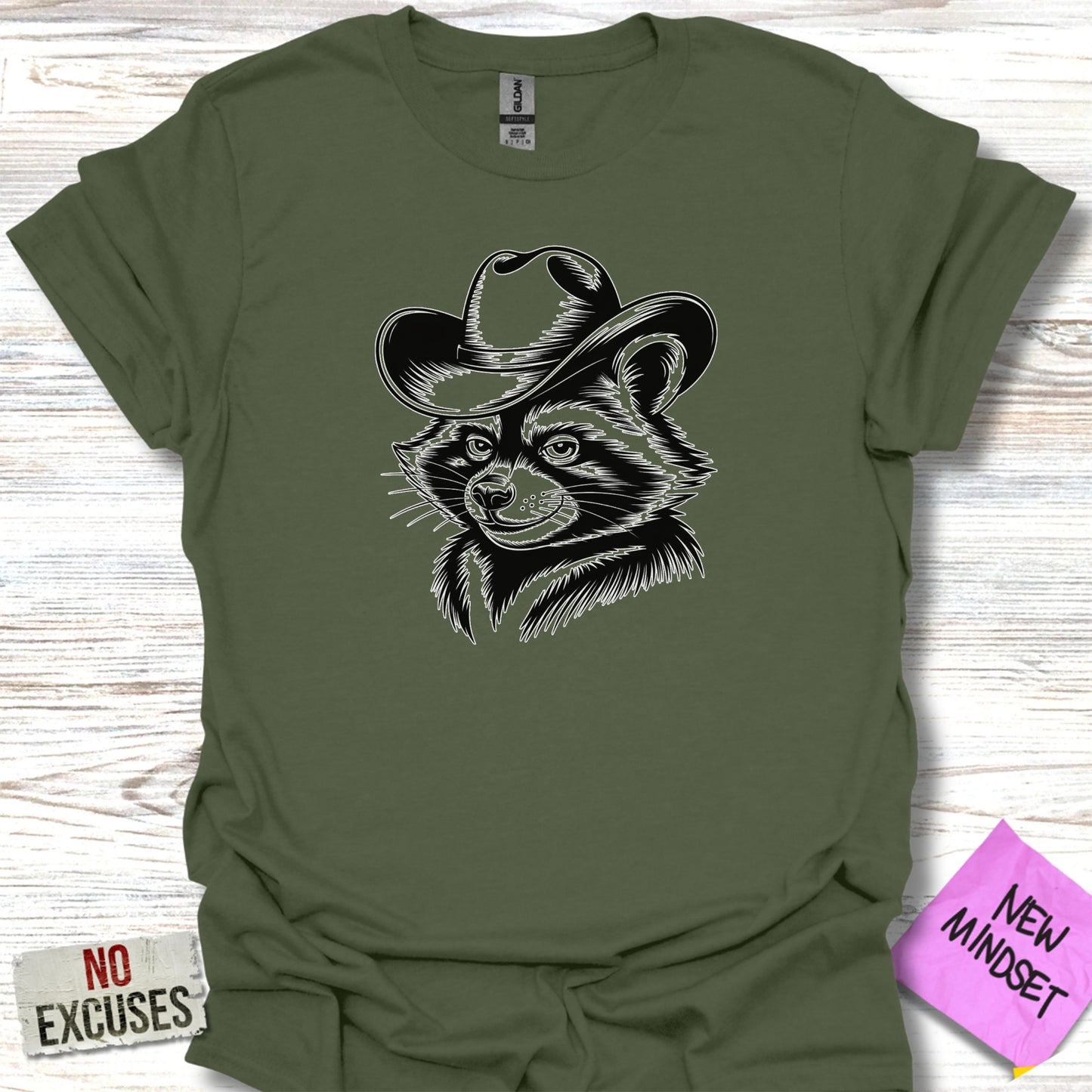 Cowboy Raccoon Graphic on Green Shirt Unique product type