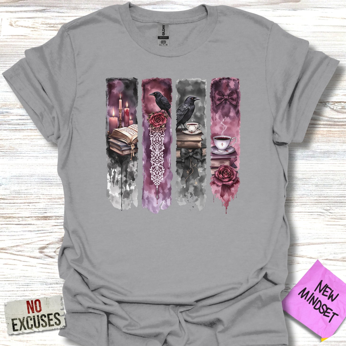Gothic Raven Book and Rose Design Graphic T-shirt product type