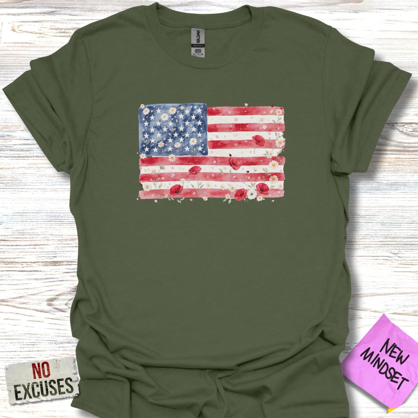 Vintage Floral American Flag Green T-shirt product