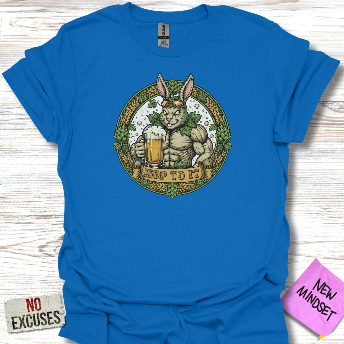 Hop To It Bunny Design Blue Graphic Shirt product