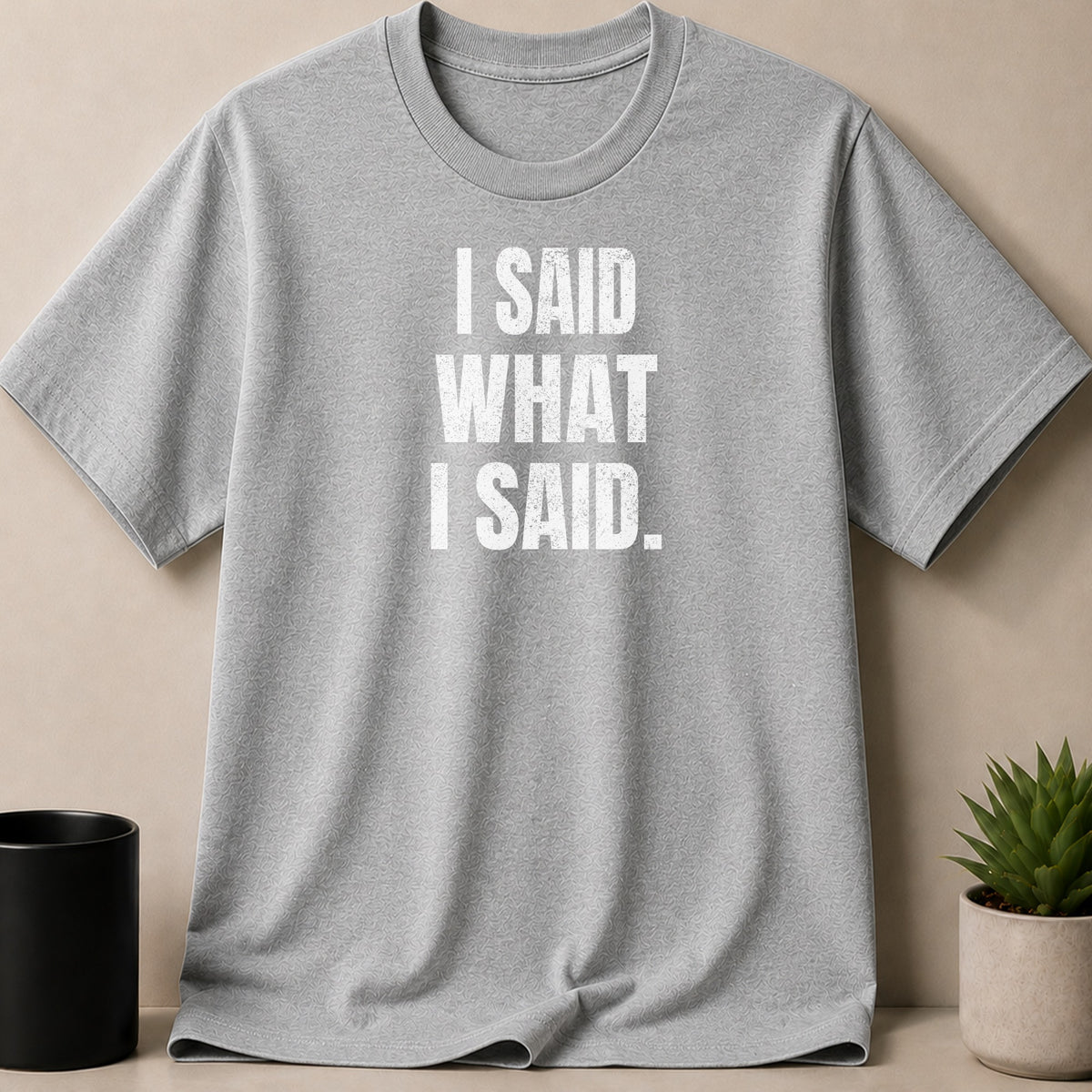 Grey t-shirt with distressed white text: "I SAID WHAT I SAID."