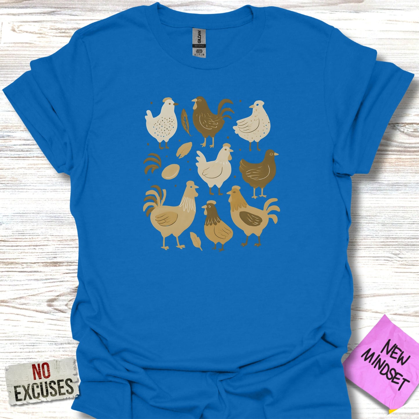 Six Cartoon Chickens Printed on Blue T-shirt product type