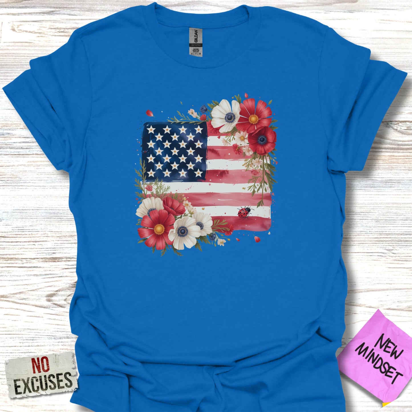 American Flag Floral Design Blue T Shirt product