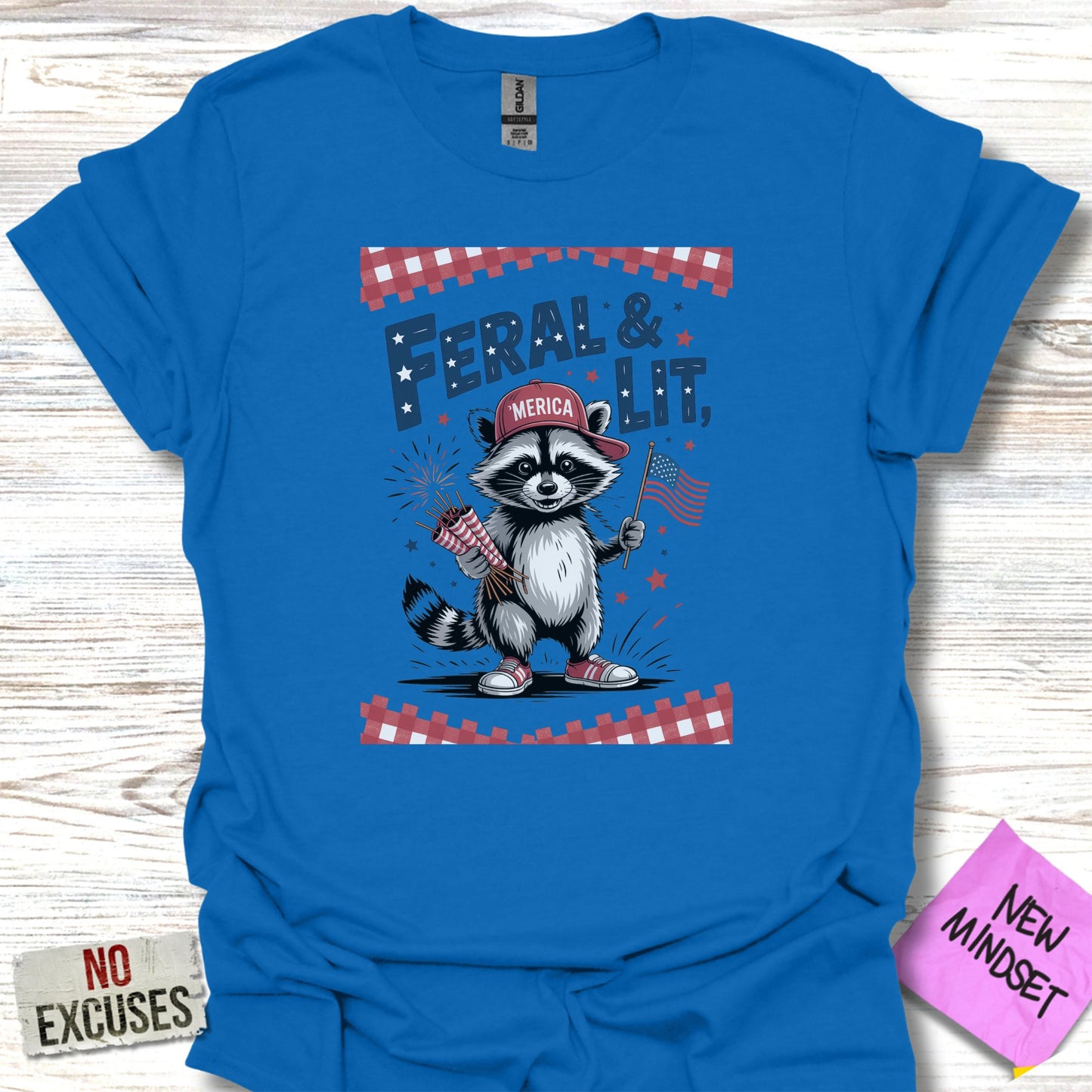 Feral and Lit Raccoon Holding Fireworks T-shirt product