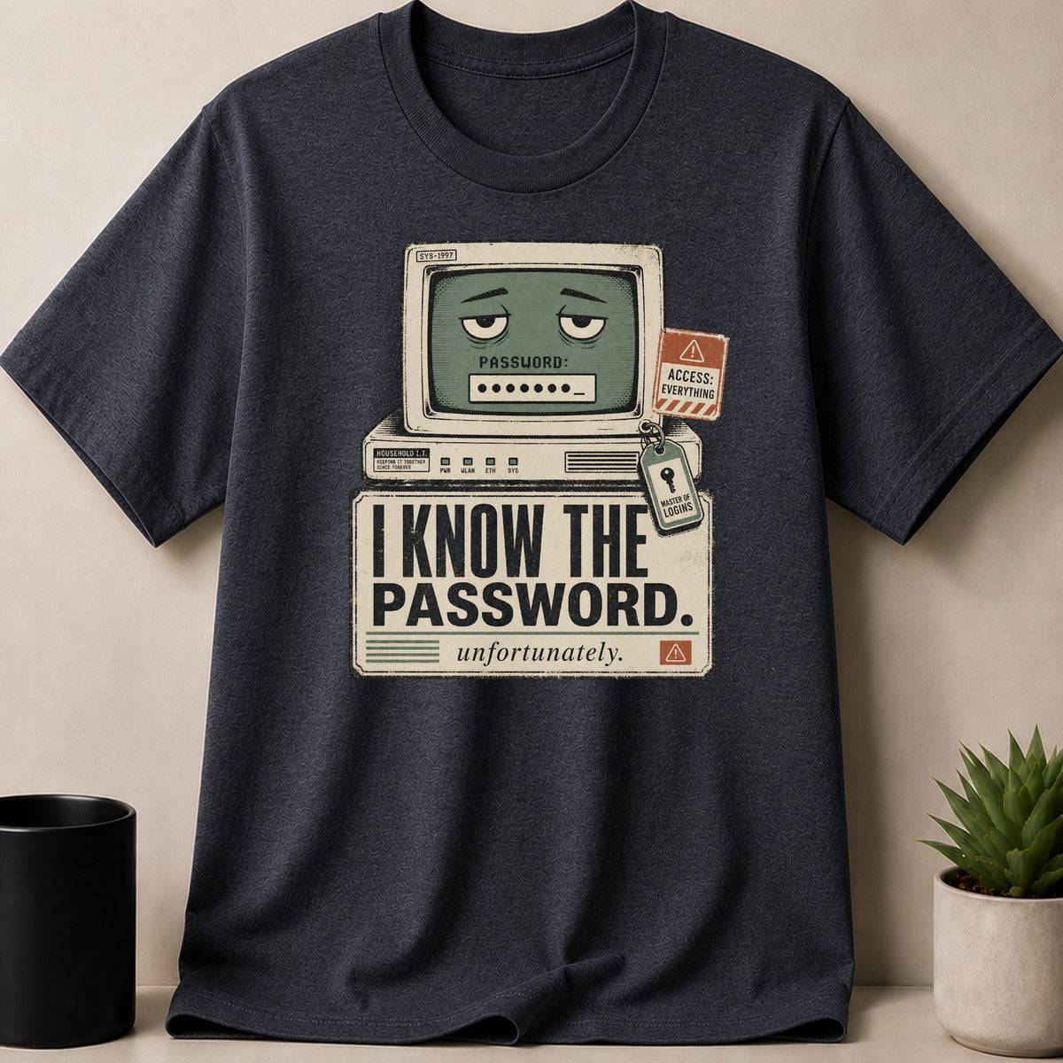 Dark Heather t-shirt — T-shirt graphic with sad computer screen saying "I KNOW THE PASSWORD. unfortunately."