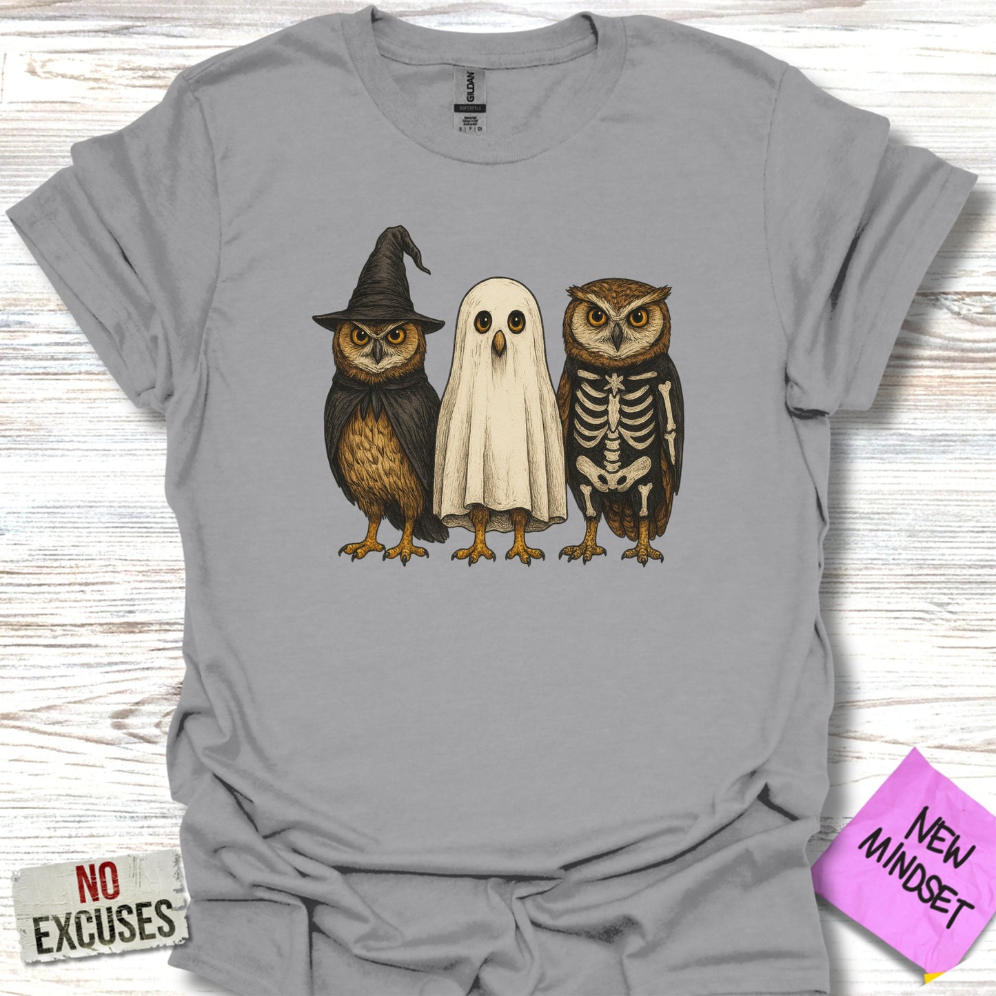 Three Funny Owls in Halloween Costumes T-Shirt product type