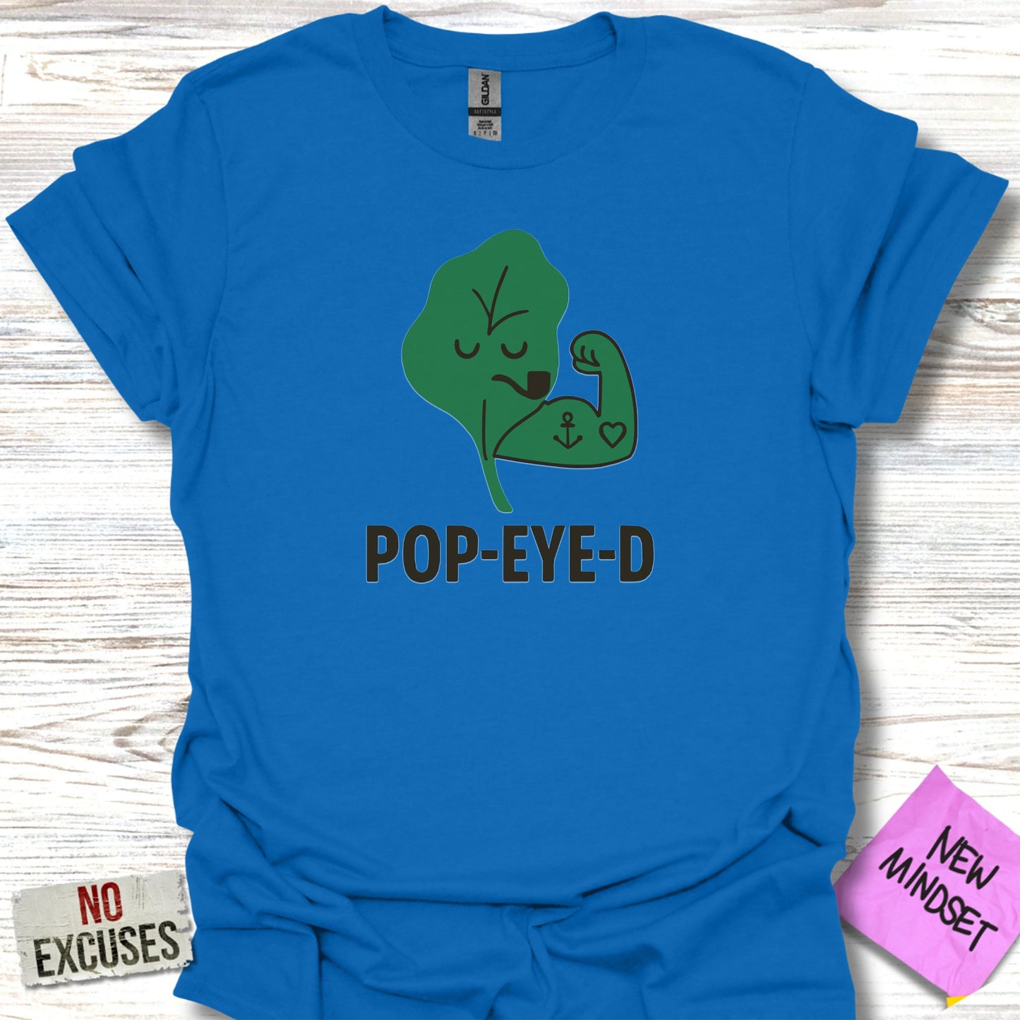 Blue T-shirt with Popeye Spinach Funny Graphic product type