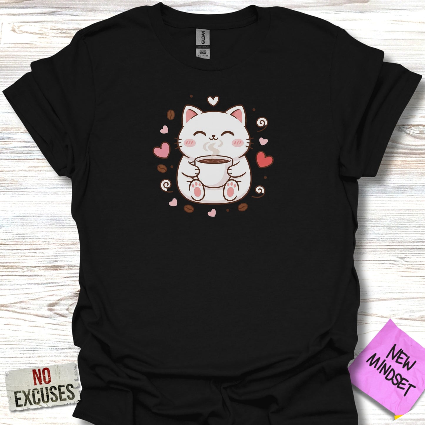 Cute Coffee Cat Surrounded by Hearts Graphic T-Shirt