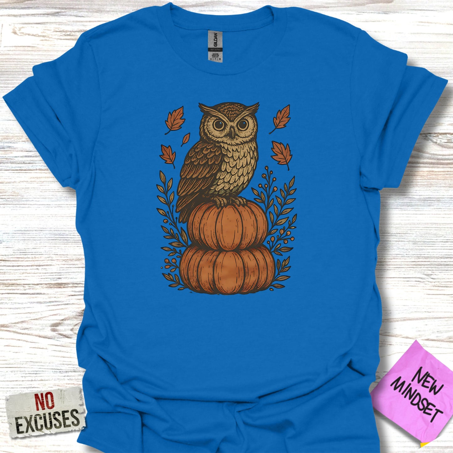 Owl and Pumpkins with Leaves Graphic T-Shirt product