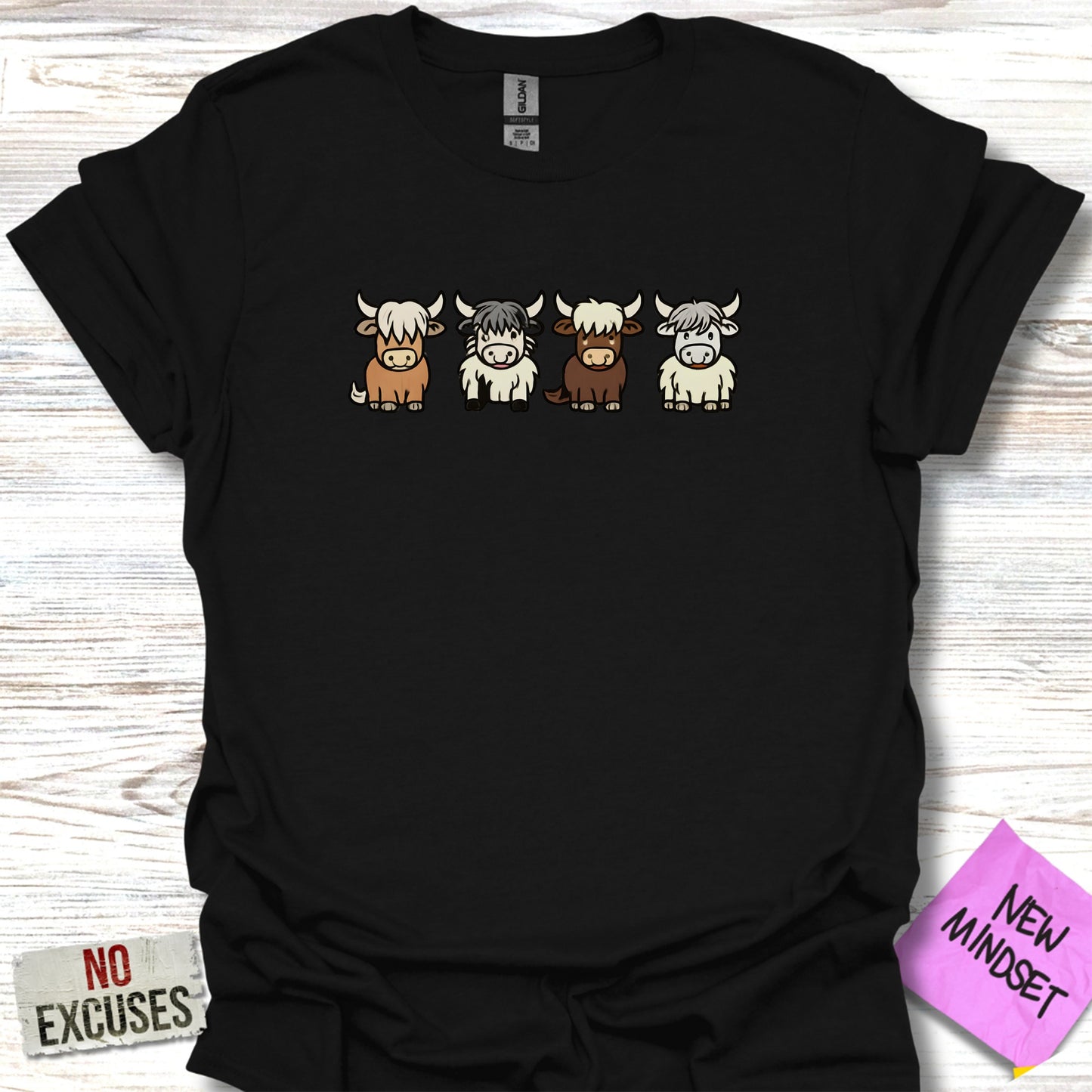 Highland Cattle Cartoon Design on Black T-Shirt product