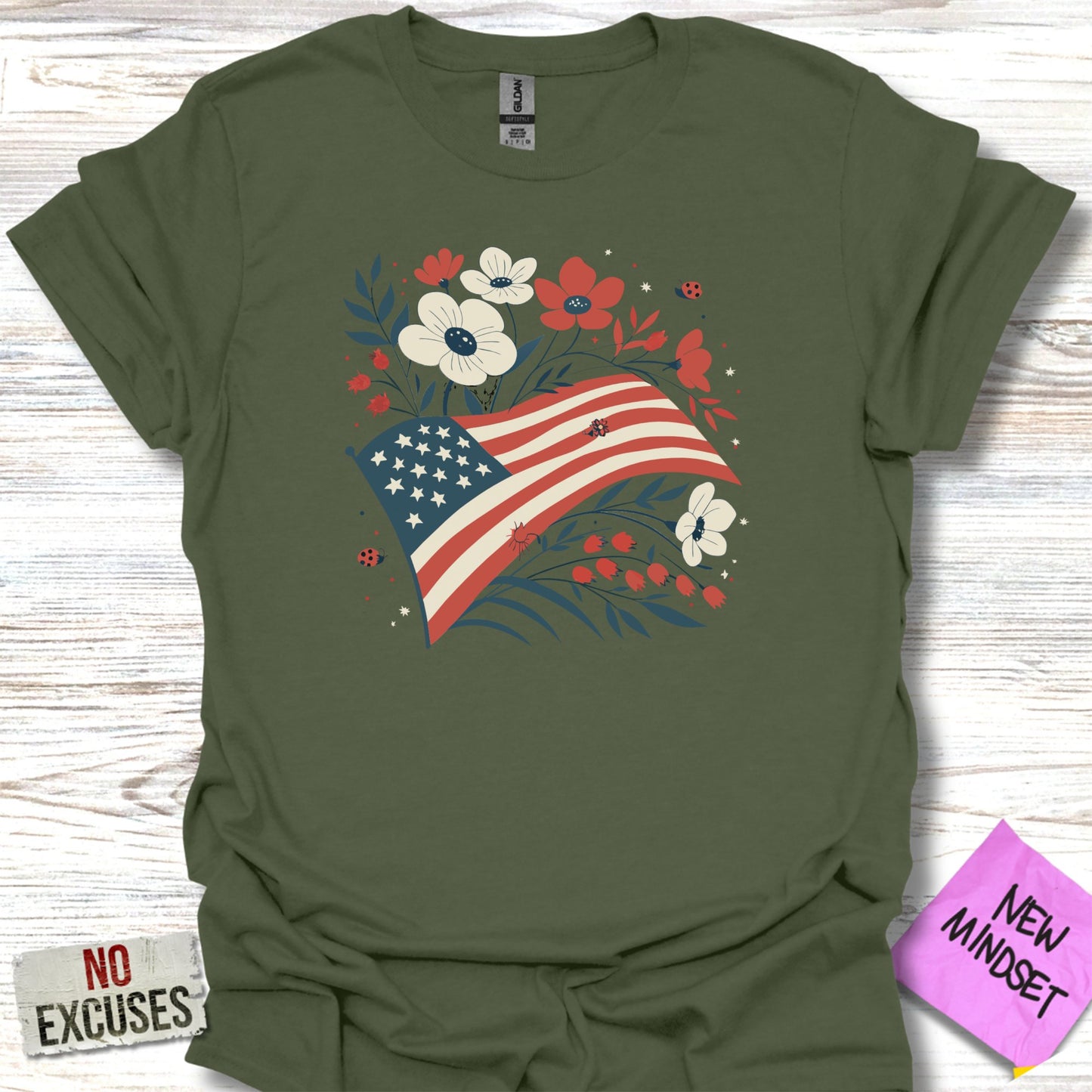 Patriotic Wildflower Design on Olive Green Shirt product type