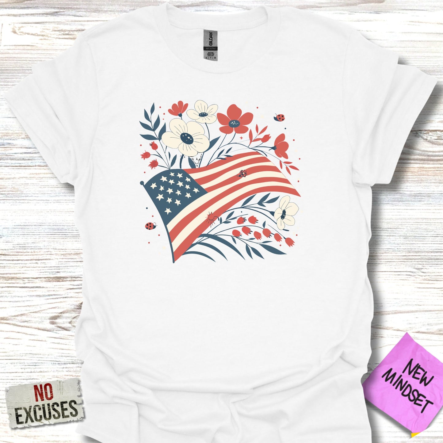 Floral American Flag Heart Graphic White T-Shirt product type