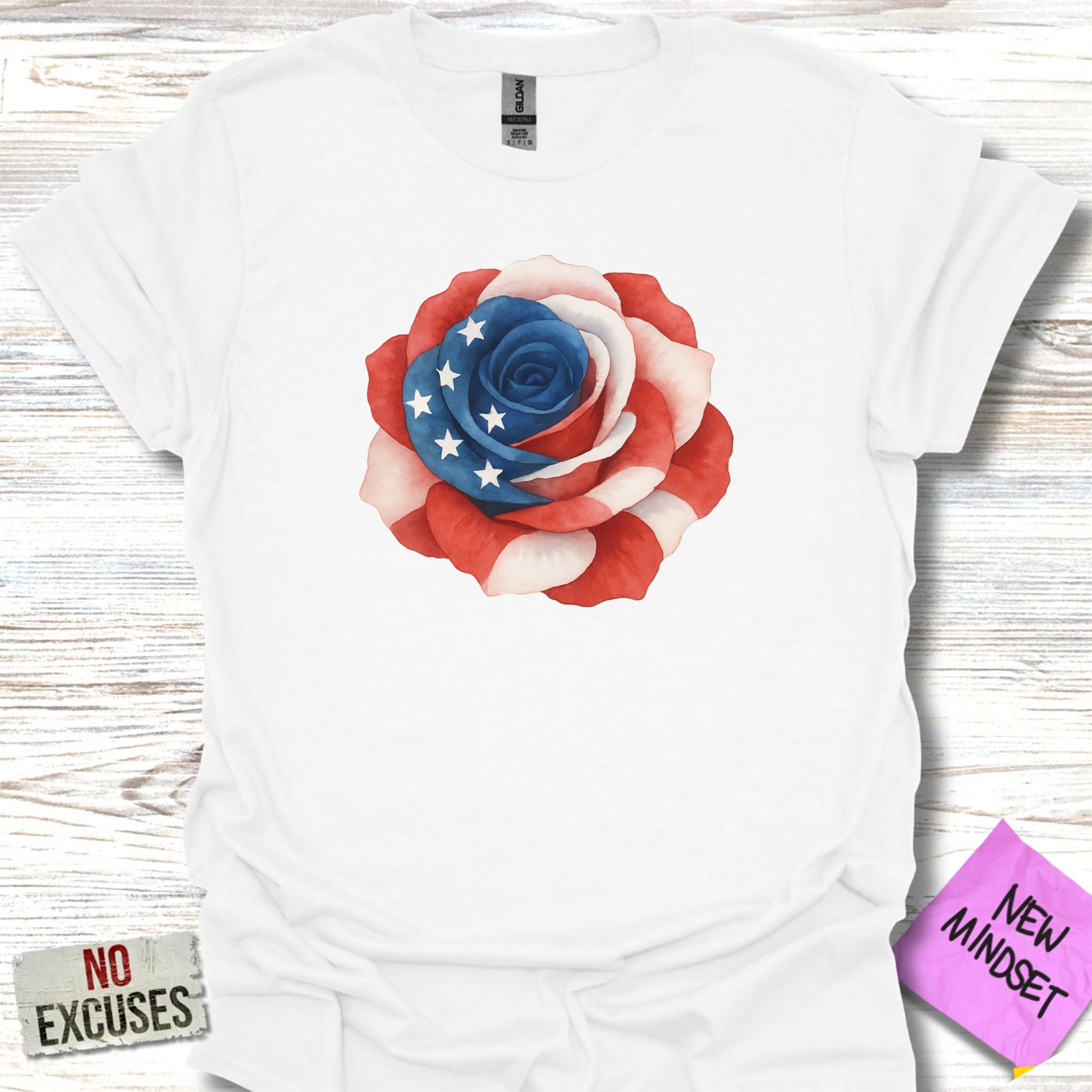 Patriotic American Flag Rose Design White T-shirt product