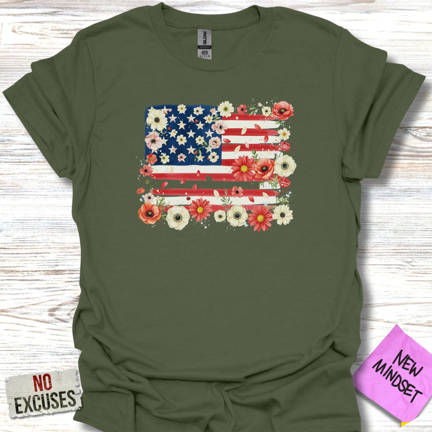 American Flag with Floral Elements Printed T-Shirt Product