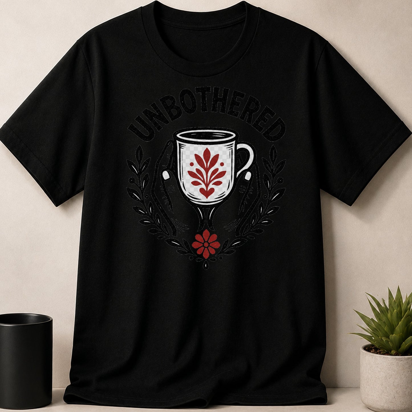 Black t-shirt with "UNBOTHERED" text and a graphic of hands holding a mug.
