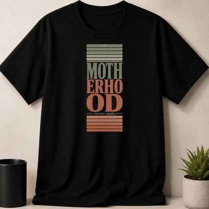 Black t-shirt with "MOTHERHOOD" graphic and "terms apply" text.