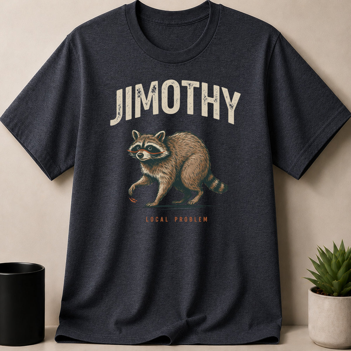 Dark grey t-shirt with "JIMOTHY LOCAL PROBLEM" text and a raccoon graphic.