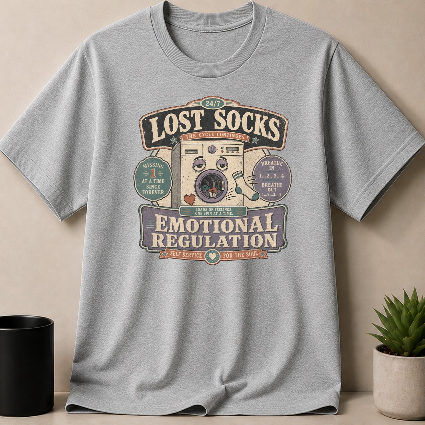 Lost Socks Emotional Regulation graphic with washing machine and sock.