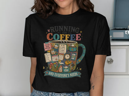 Running on coffee graphic with a to-do list, laundry, and snacks inside a mug.