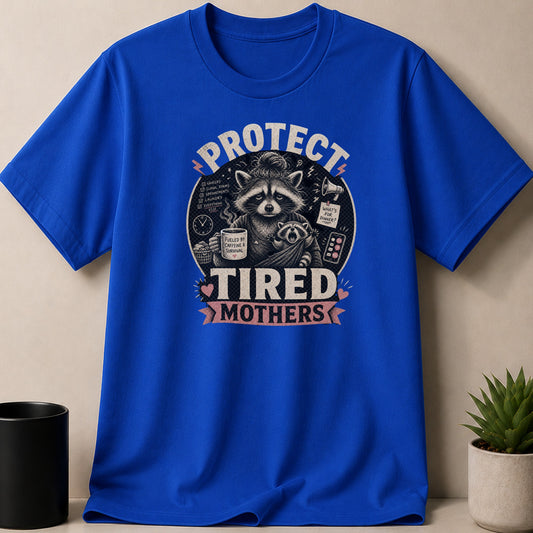 Royal t-shirt — Protect tired mothers raccoon graphic with checklist items and coffee mug.