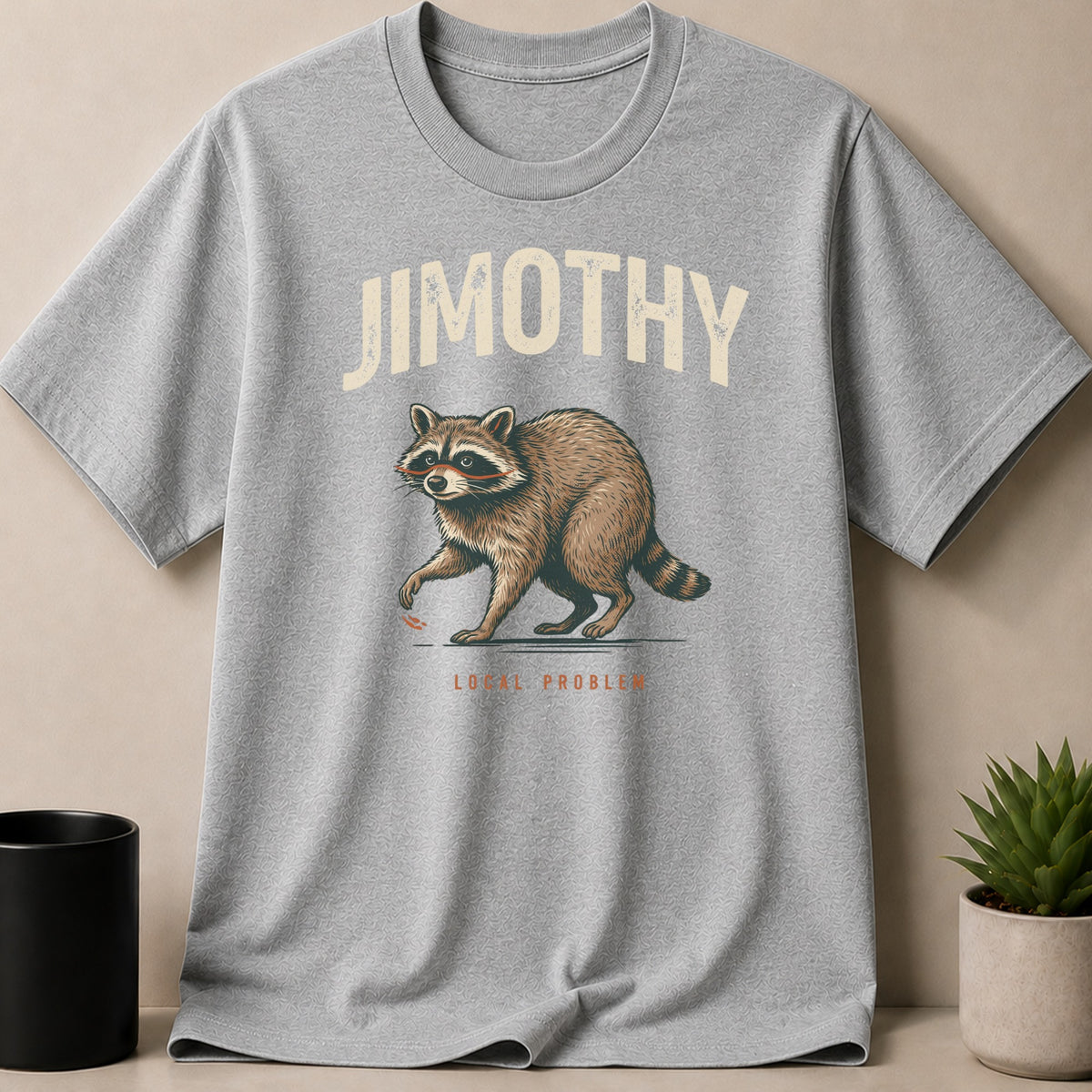 Grey t-shirt with a raccoon graphic and text "JIMOTHY LOCAL PROBLEM".
