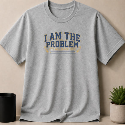 Gray t-shirt with "I AM THE PROBLEM" and text below.