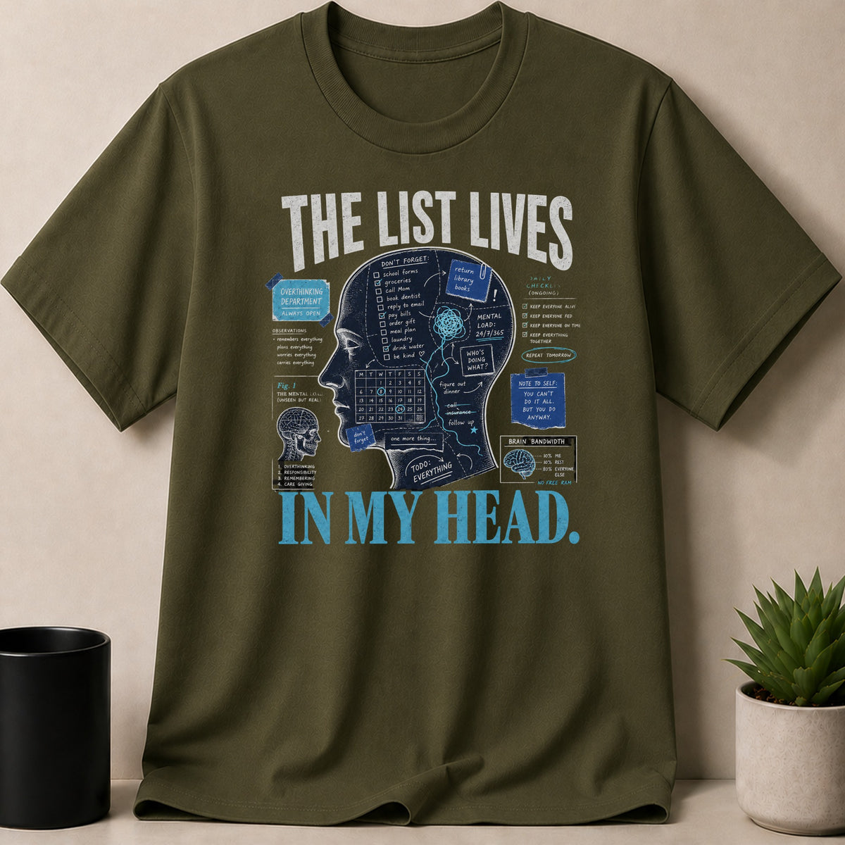 The List Lives In My Head graphic on a green t-shirt with a head diagram.