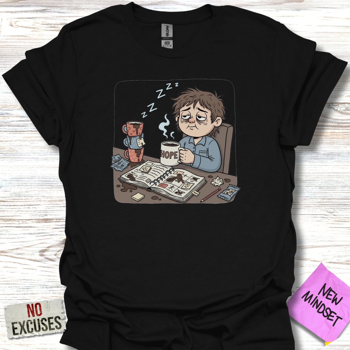 Sleepy Cartoon Character with Coffee Cup T-Shirt product