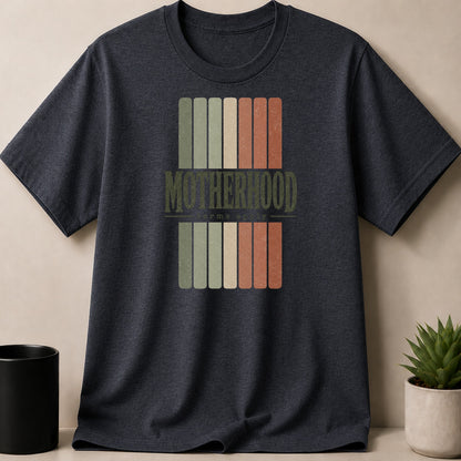 Dark grey t-shirt with "Motherhood Terms Apply" graphic and vertical stripes.