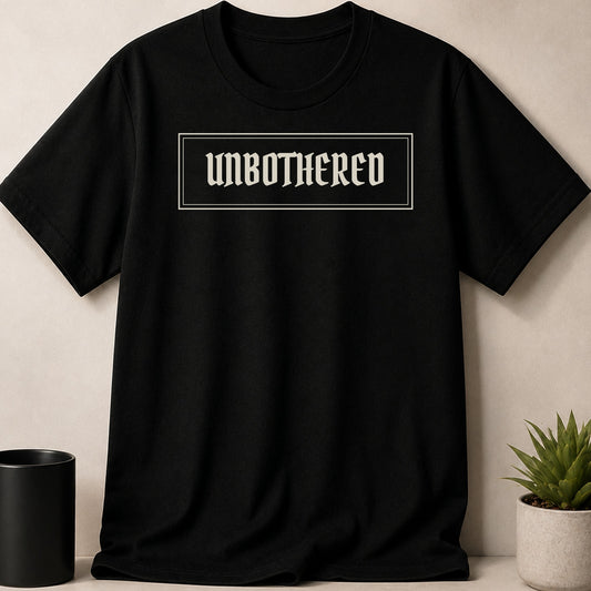 Black t-shirt with white text "UNBOTHERED" inside a rectangle.