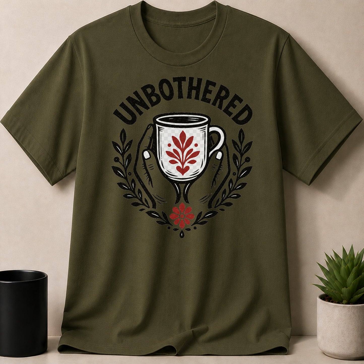 Olive green t-shirt with "Unbothered" text and hands holding a mug.