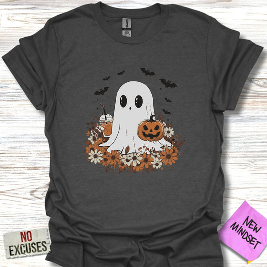 Spooky Ghost with Pumpkin and Flowers T-shirt product type