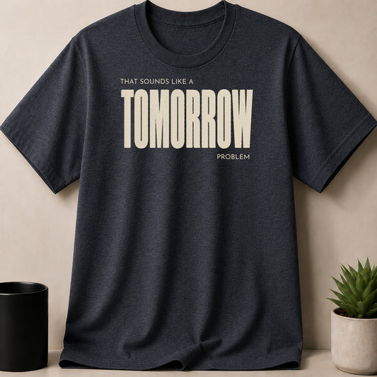 Dark gray t-shirt with cream text that says "THAT SOUNDS LIKE A TOMORROW PROBLEM".