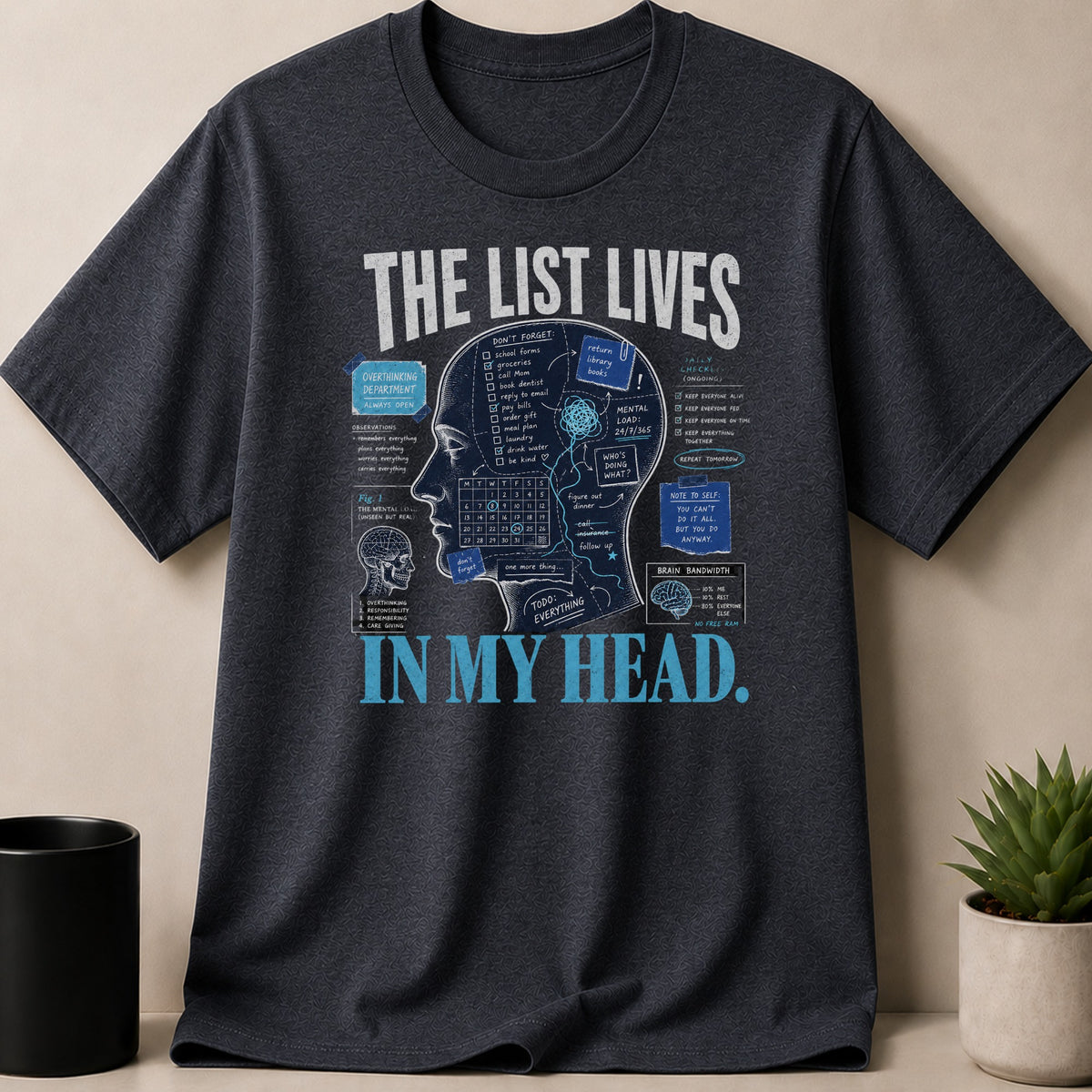 Dark t-shirt featuring a detailed graphic illustrating "The List Lives In My Head."