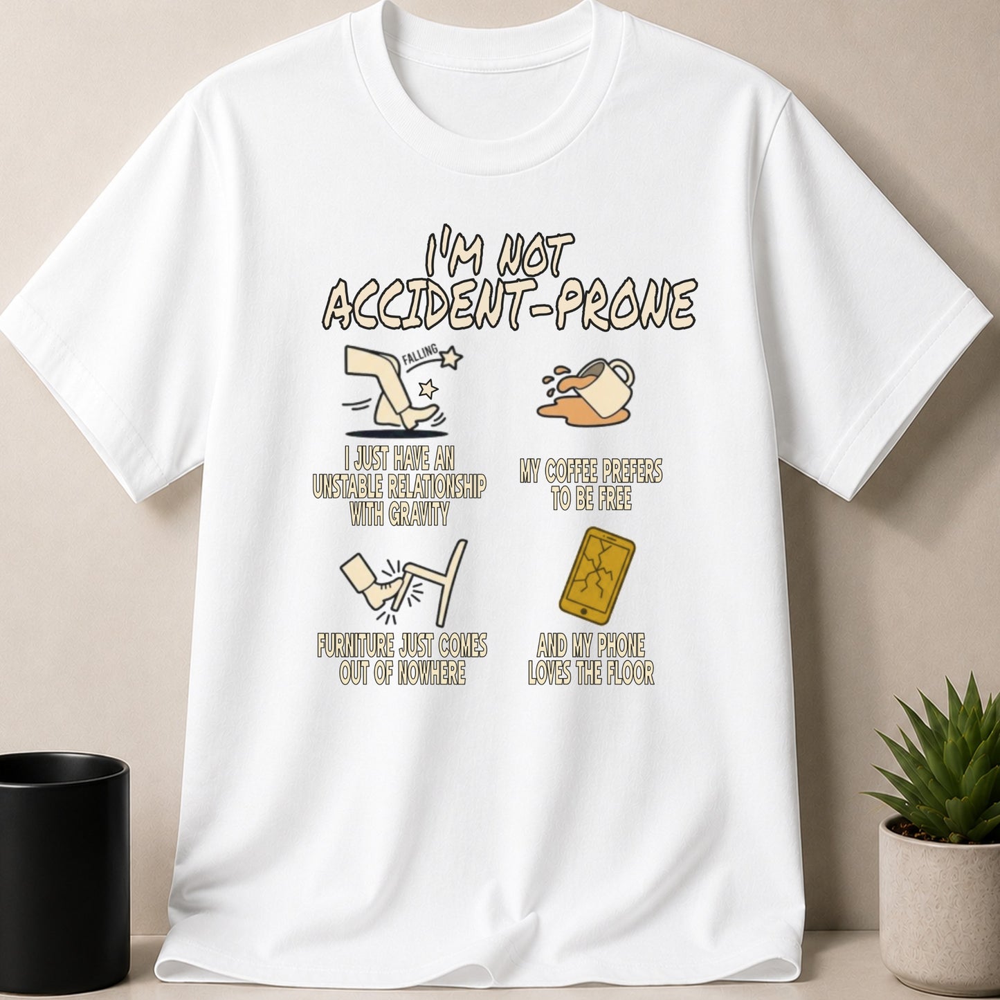 White t-shirt with "I'm Not Accident-Prone" and four humorous illustrations.