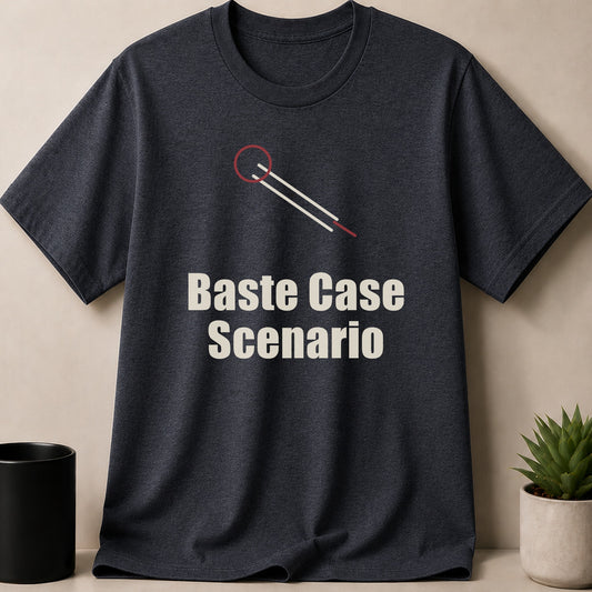 Dark gray crewneck t-shirt featuring a stylized graphic and the text Baste Case Scenario.