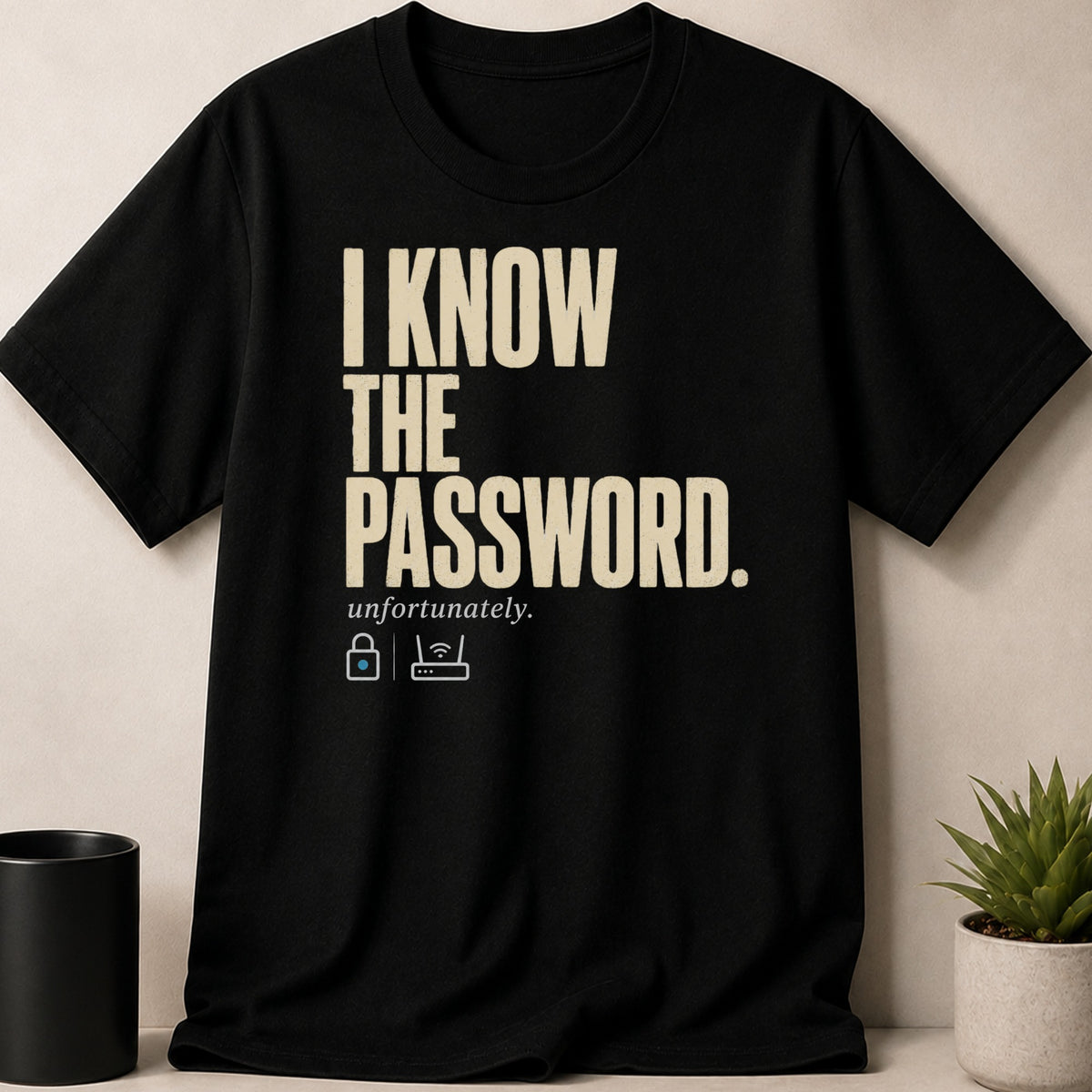 Black t-shirt with beige text: "I KNOW THE PASSWORD. unfortunately."