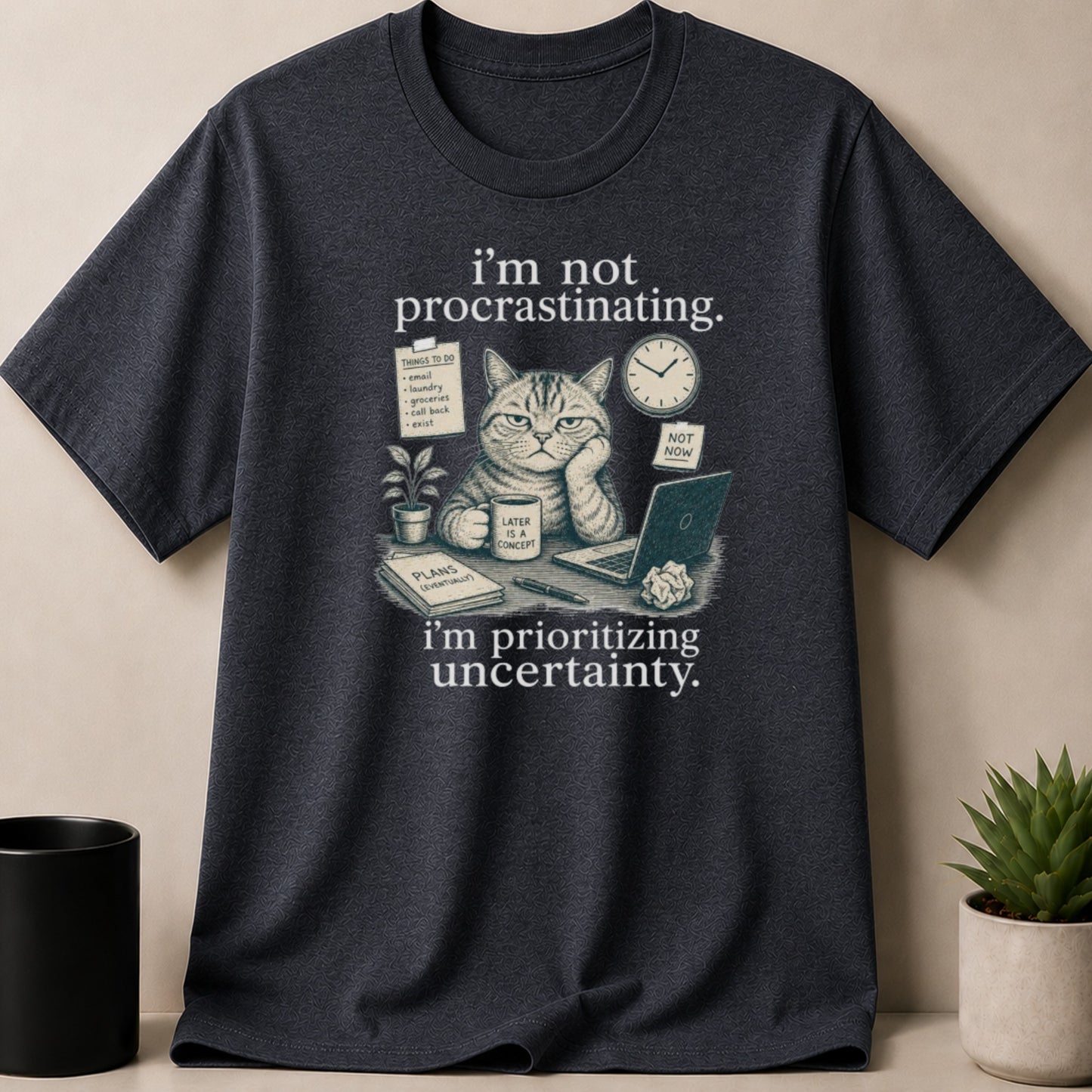 Dark Heather t-shirt — T-shirt graphic with cat at desk, "I'm not procrastinating. I'm prioritizing uncertainty."