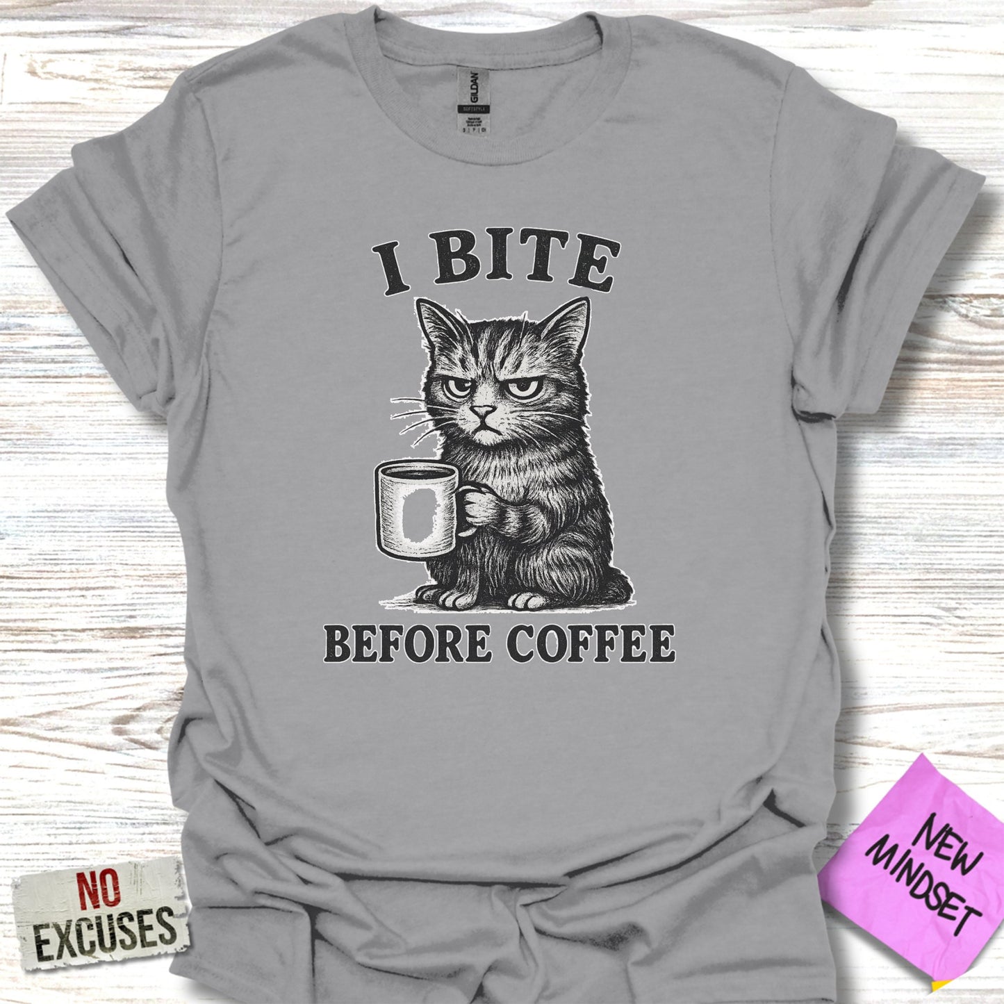 I Bite Before Coffee Funny Cat Graphic T-Shirt product