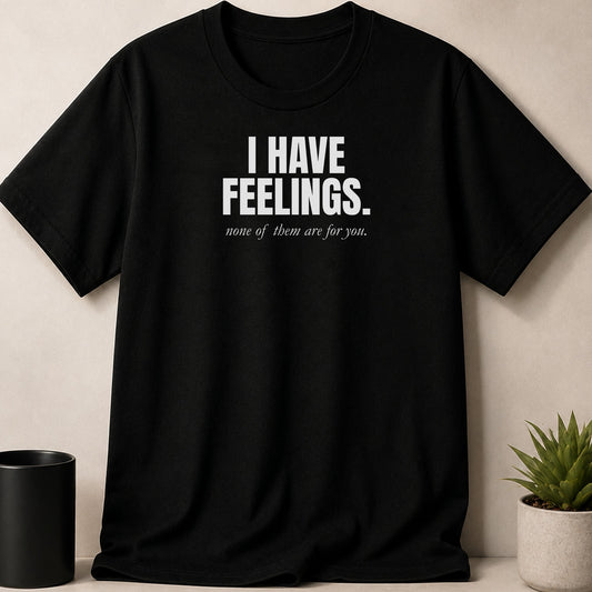 Black t-shirt with white text "I HAVE FEELINGS. none of them are for you."