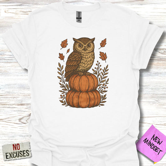 Owl and Pumpkins Design White T-Shirt product type