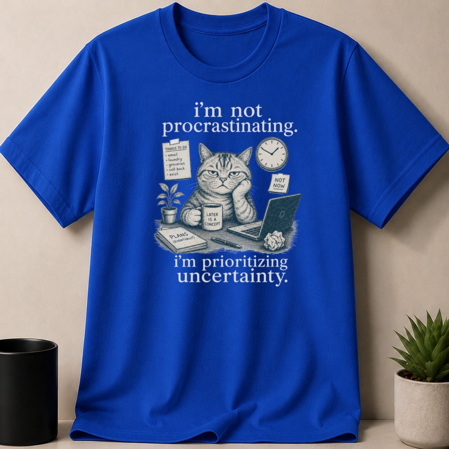 Blue t-shirt with graphic of a cat at a desk saying "I'm not procrastinating. I'm prioritizing uncertainty."