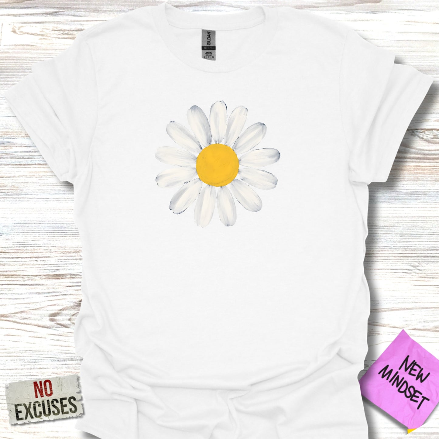 White Tee with Daisy Print and Motivational Quotes product